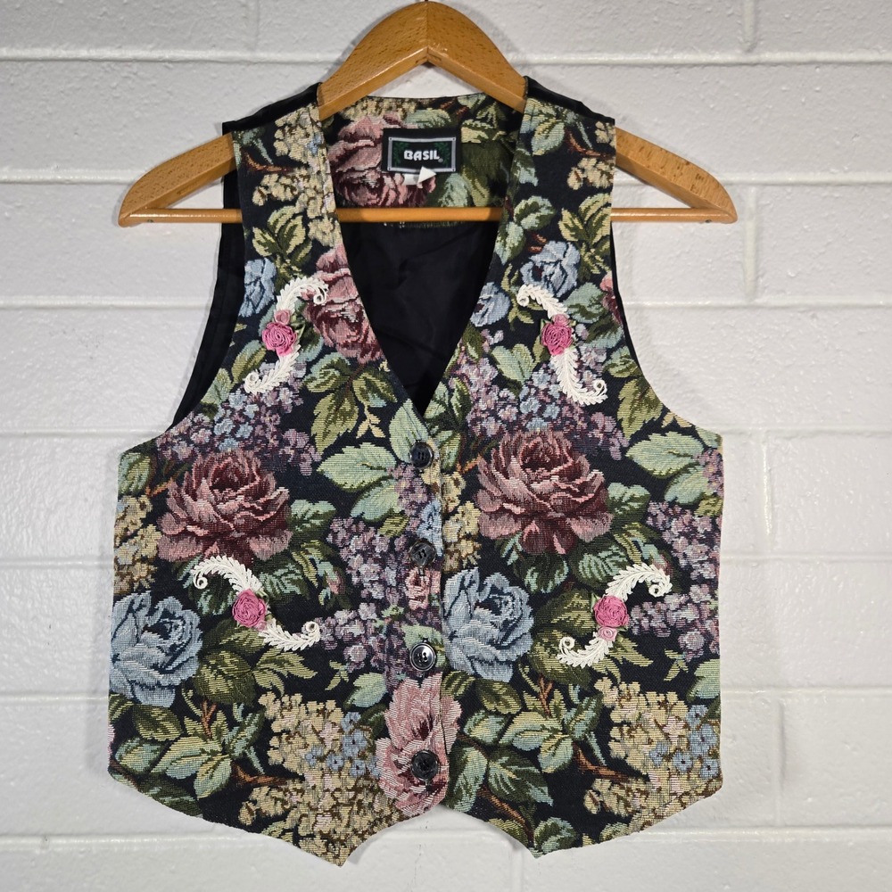 Vtg Basil Floral Tapestry Vest Small Black Pink Rose Rosette USA Granny Theatre